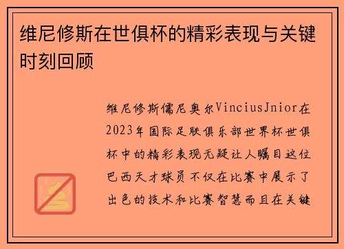 维尼修斯在世俱杯的精彩表现与关键时刻回顾